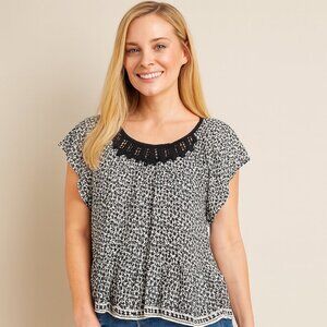 Max Studio Black White Print Blouse Angel Sleeves Lace Neckline